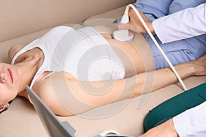Ultrasound scanning of intestines, abdominal cavity, right lobe, liver, bile ducts, gallbladder