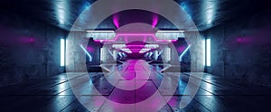 Ultraviolet Blue Purple Futuristic Triangle Alien Spaceship Neon Glowing Dark Long Big Hall Corridor Tunnel Grunge Concrete