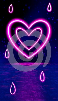 Ultraviolet heart shape, glowing lines, publication in history. A virtual reality. Arcade game background. Purple neon
