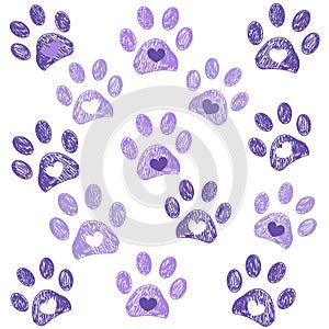 Ultraviolet paw print with hearts background
