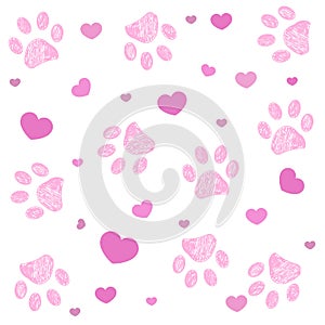 Ultraviolet paw print with hearts background