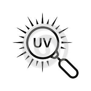 Ultraviolet Rays Research Line Icon. UV with Magnifying Glass Linear Pictogram. Summer Sunshine Outline Symbol. Danger