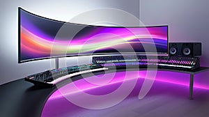 Ultrawide curved monitor and audio setup in a modern studio