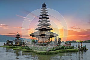 Ulun Danu temple Beratan Lake in Bali Indonesia at sunset