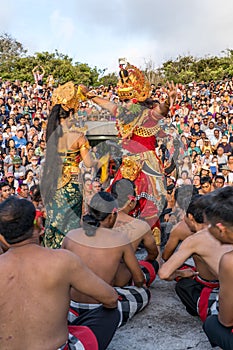 Uluwatu temple, Bali, Indonesia - January 2019: Kecak dance performed for public at Uluwatu Temple