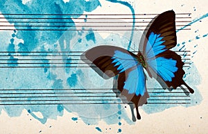 Ulysses blue butterfly and notes. Butterfly melody. Photo of old music sheet in blue watercolor paint. Blues music concept. Abstra