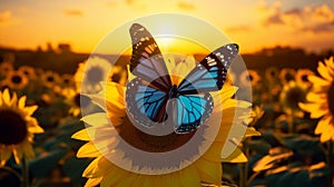 Ulysses Butterfly: A Splendid Visitor Amidst a Sunflower Wonderland