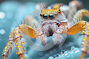 Close-up portrait of a jumping spider with water droplets on a flower photo