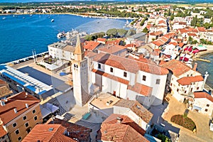 Umag. Aerial view of historic landmarks in town of Umag