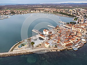 Umag. Aerial view of historic landmarks in town of Umag