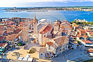 Umag. Aerial view of historic landmarks in town of Umag