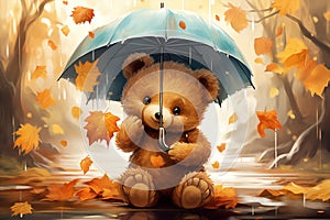 Umbrella autumn card art cute animals drawing cartoon bear children