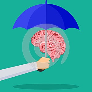 Umbrella and the brain. The concept of brain protection and intelligence health care. Protect mental health