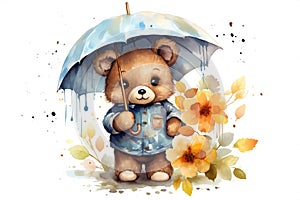 Umbrella cartoon baby art children autumn animals drawing cute bear card