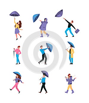 Umbrella characters. Raincoat couples walking peoples with umbrella rainy puddle garish vector flat pictures of stylized