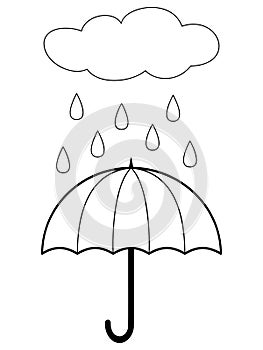 Umbrella and cloud with rain. Coloring book page for children. Vector illustration isolated on white