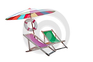 Umbrella and couples wood chairs beach isolated white