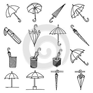 Umbrella Doodle vector icon set. Drawing sketch illustration hand drawn line eps10