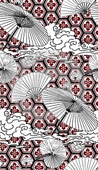 Umbrella fan japanese chinese design vector seamless pattern