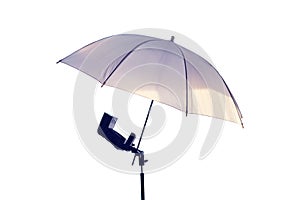 Umbrella and flash for the camera, isolated on a white background