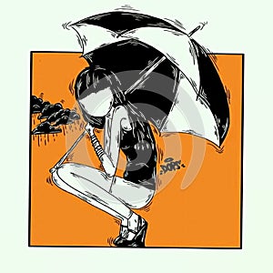 Umbrella, girl, rain Orange art