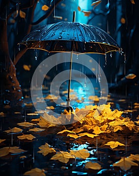 An umbrella with gold leaves background wallpaper. Autumn leaves. Fall colors