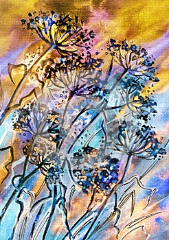 Umbrella grass in the wind. Abstract floral watercolor painting