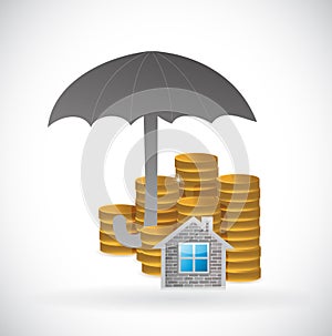 Umbrella and home and coins underneath.