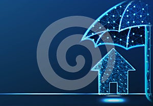 Umbrella and house icon. Protection concept. Abstract Low Poly wireframe mesh design. Vector Illustration