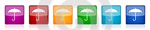 Umbrella icon set, colorful square glossy vector illustrations in 6 options for web design and mobile applications