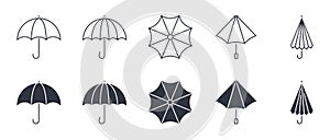 Umbrella icons. Editable stroke. Set thin line and silhouette icon for web design isolated on white background