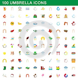 100 umbrella icons set, cartoon style