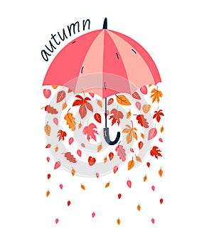 Umbrella with leaves. Autumn poster with umbrella and autumn leafs