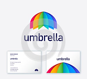 Umbrella logo. The symbol consists of bend strips of colored paper. Identity. Business card.