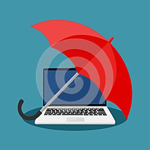 Umbrella protect the laptop with data .Data protection concept. vector illustration
