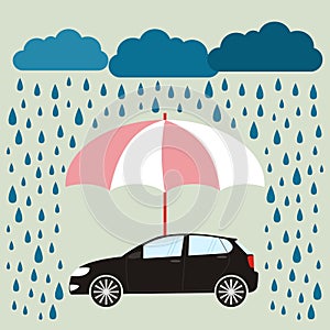 Umbrella protecting car against rain, flat style. Safety, insurance, risk concept. Vector illustration