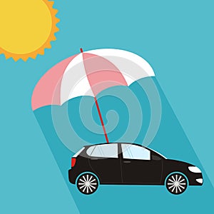 Umbrella protecting car against sun, flat style. Safety, insurance, risk concept. Vector illustration