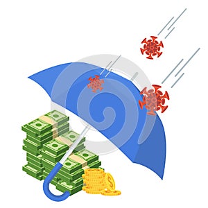 Umbrella protects money from COVID 19. Flat vector illustration.