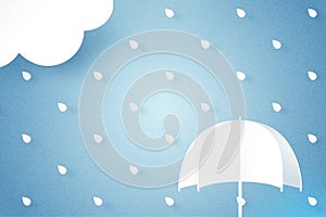 Umbrella, Rain and cloud on blue sky background. Rainy season, Paper cut of monsoon sale banner template. Vector illustration