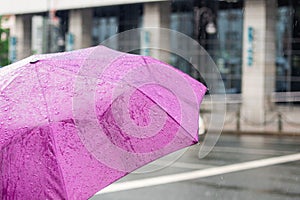 Umbrella with raindrops. Rainy day.