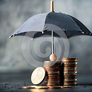 Umbrella on stacks and heaps of coins, gray background. Coverage, insurance or protection concept