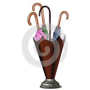 Umbrella stand with colorful umbrellas isolated on white background. Vector cartoon close-up illustration. photo
