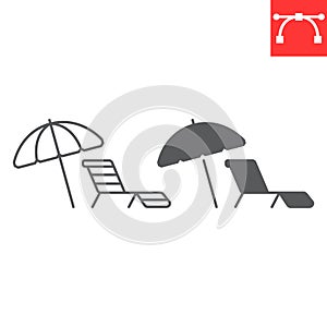 Umbrella and sun lounger line and glyph icon