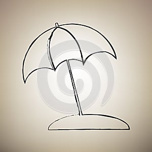 Umbrella and sun lounger sign. Vector. Brush drawed black icon a