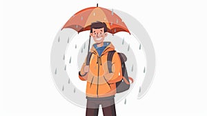 An umbrella-toting man enjoys rain, a rainy day, wet weather. Carefree person standing under raindrops. Isolated modern