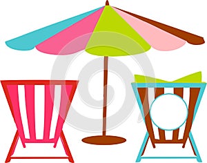 Umbrella and two sunbeds. Vector