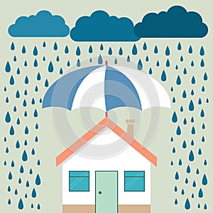 Umbrella under rain protecting house. Insurance, risk, crisis, f