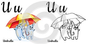 Umbrella. Vector alphabet letter U, coloring page