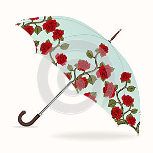 Umbrella vector. Opened umbrella with a pattern of red roses, isolated