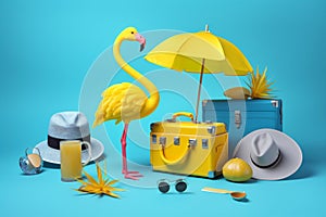 umbrella yellow concept background vacation sunglasses blue travel suitcase flamingo summer. Generative AI.